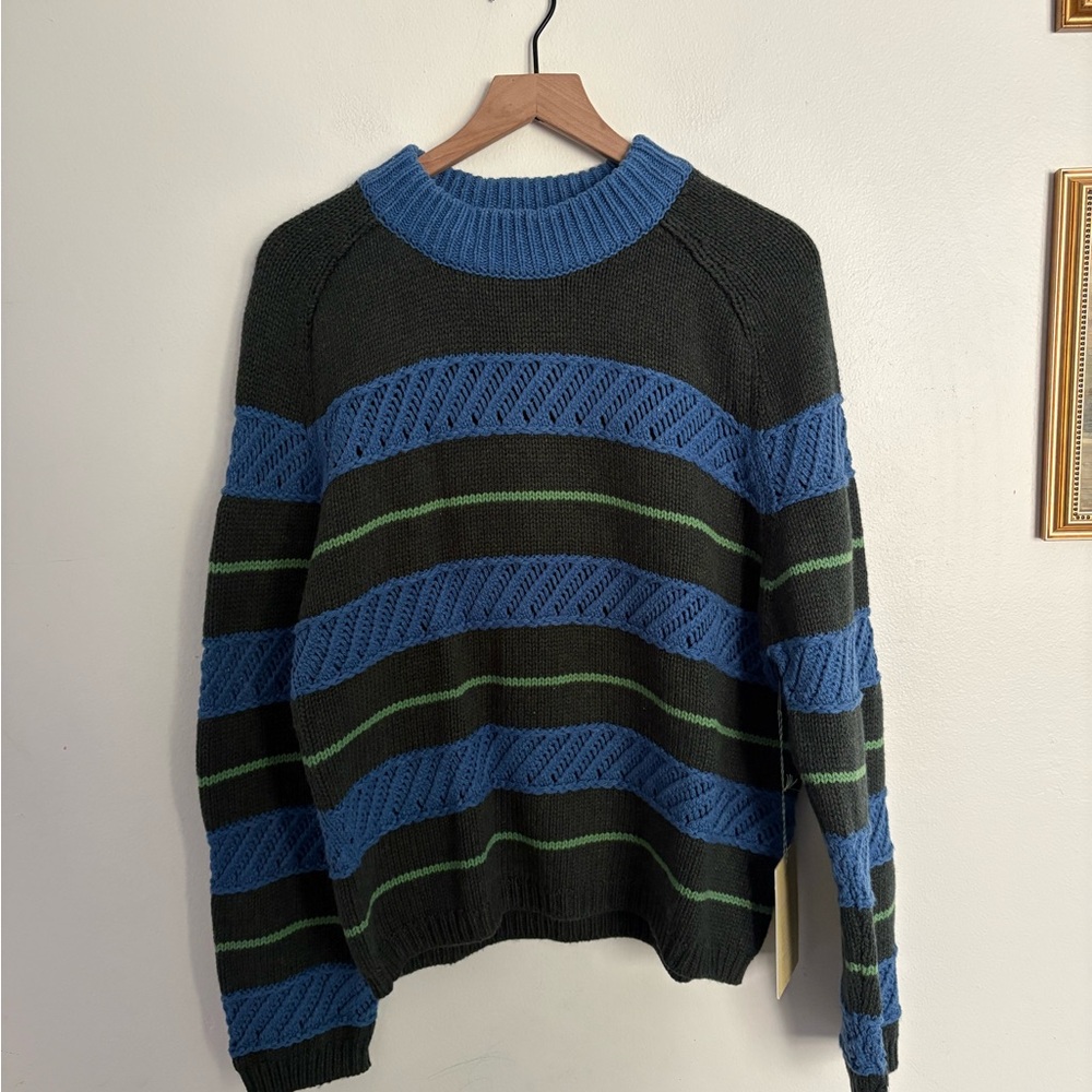 Trovata Dorian Cream Green Blue Striped Crochet Knit Sweater Large Cotton NWT